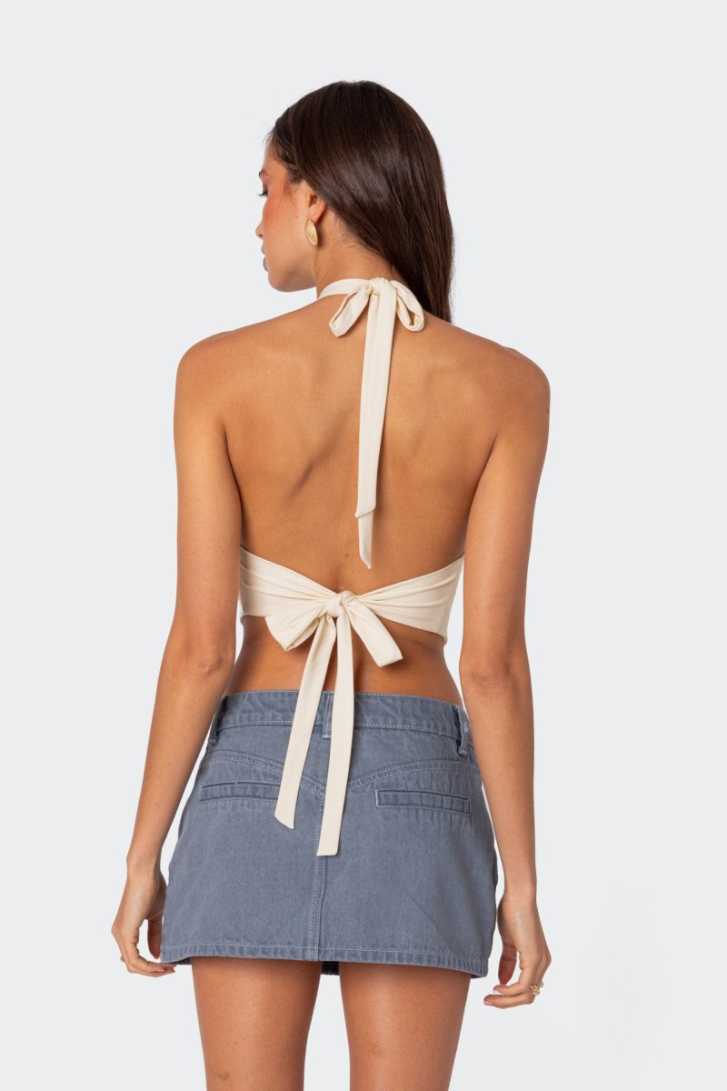 Edikted Raine Curved Halter Crop Tops Cream | USA ZO963956A1