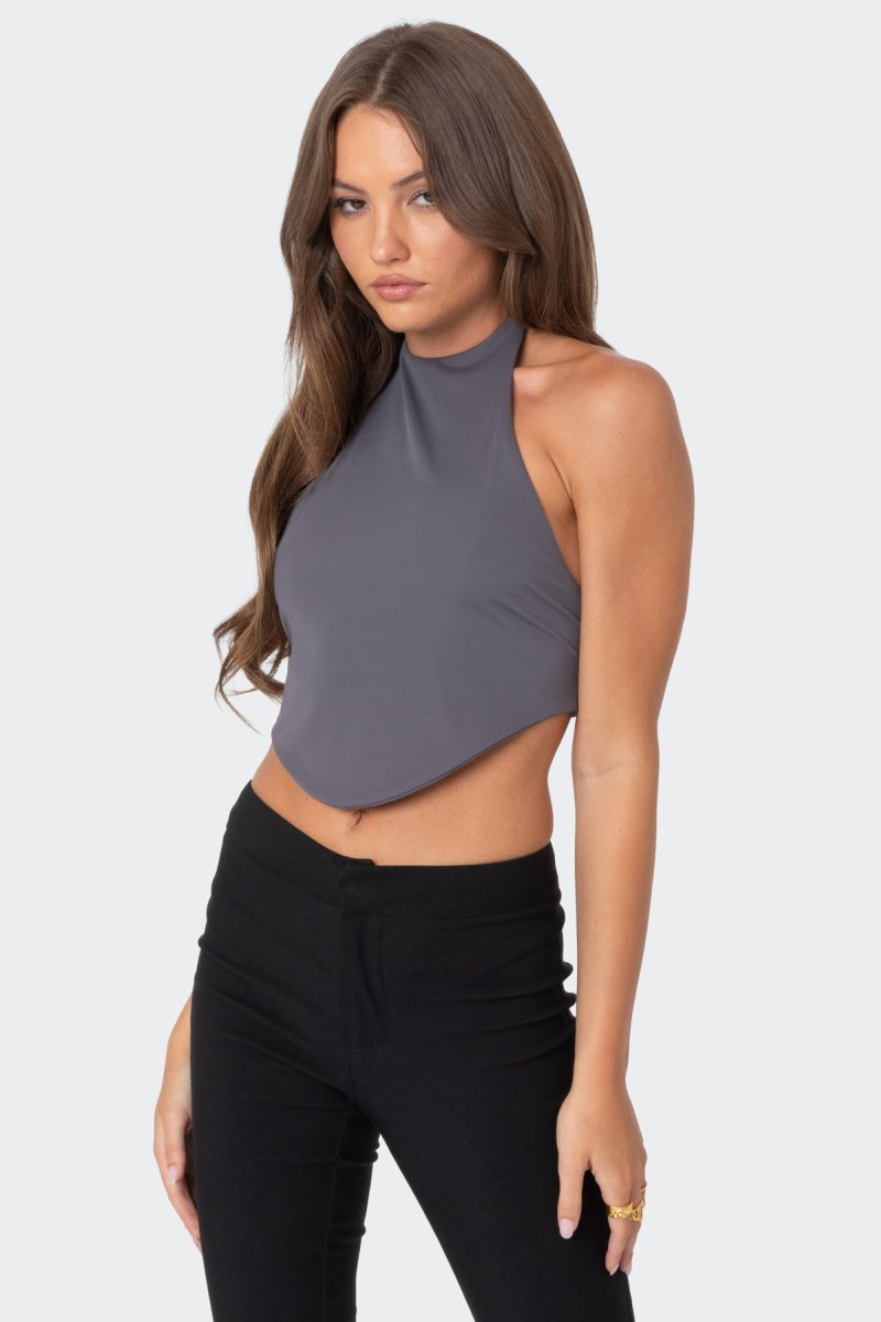 Edikted Raine Curved Halter Crop Tops Cream | USA PK903230W9