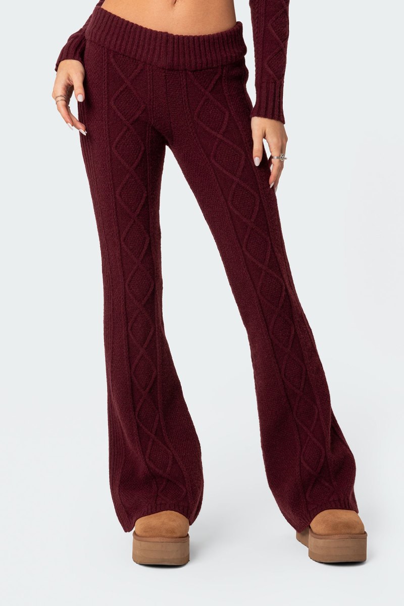 Edikted Ray Cable Knit Flared Pants Burgundy | USA LF034703G5