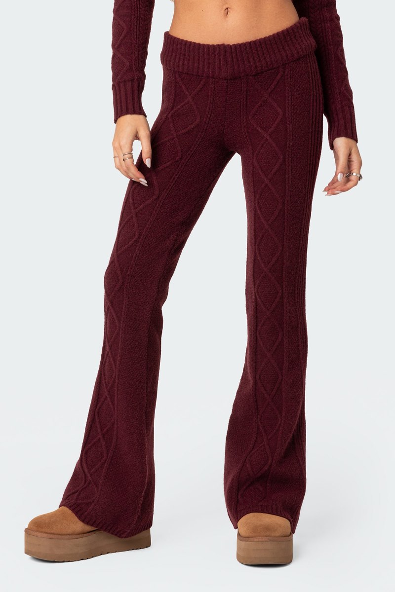 Edikted Ray Cable Knit Flared Pants Burgundy | USA LF034703G5
