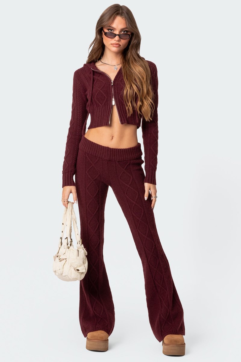 Edikted Ray Cable Knit Flared Pants Burgundy | USA LF034703G5