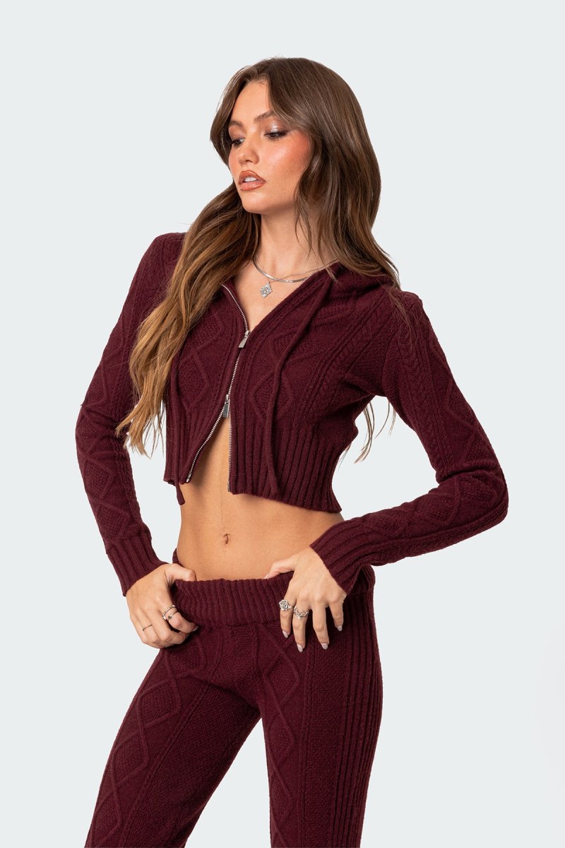 Edikted Ray Cable Knit Hooded Cardigan Long Sleeve Tops Burgundy | USA TD643734C1