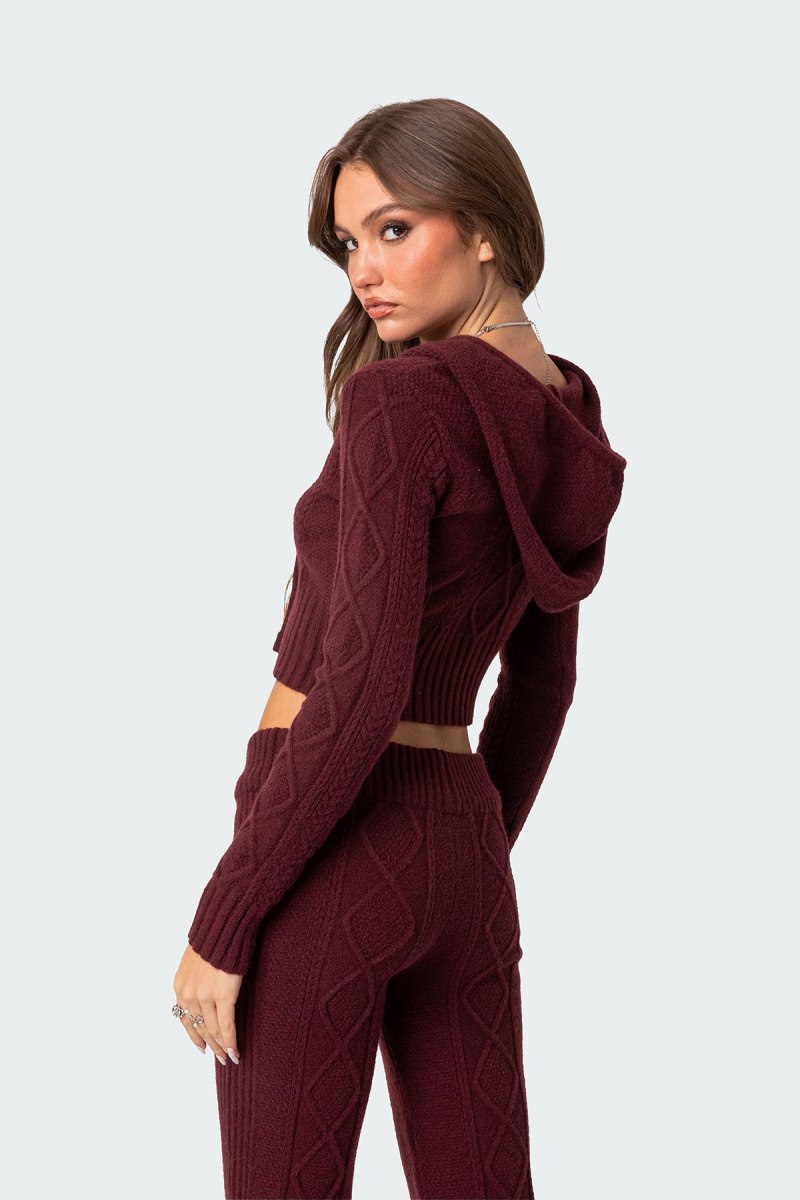 Edikted Ray Cable Knit Hooded Cardigan Long Sleeve Tops Burgundy | USA TD643734C1