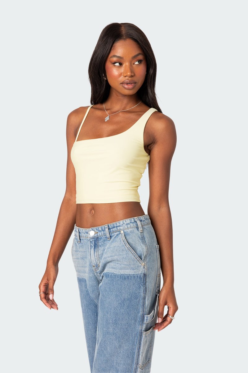 Edikted Reece Asymmetric Strap Crop Tops Yellow | USA EC329272P8