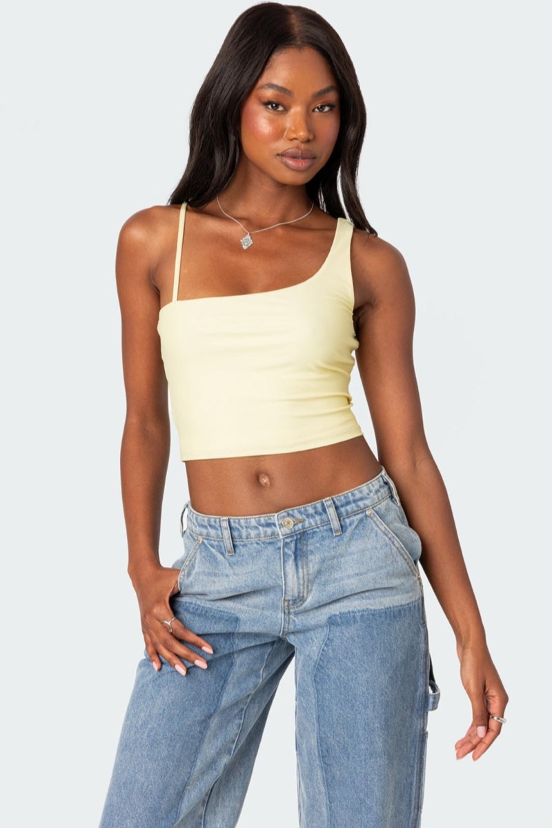 Edikted Reece Asymmetric Strap Crop Tops Yellow | USA EC329272P8