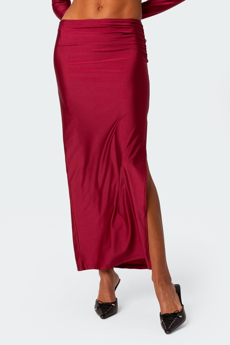 Edikted Reema Shiny Slit Maxi Skirts Red | USA HH530833R9
