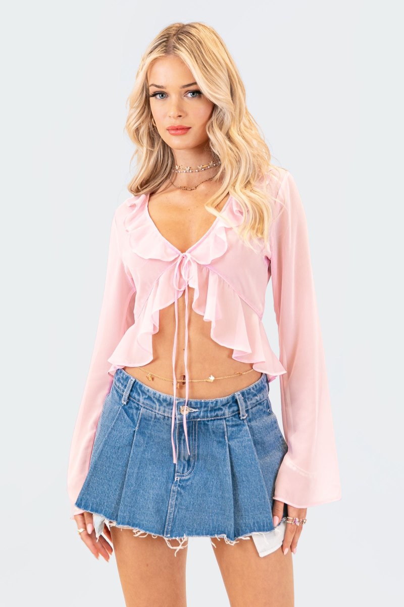 Edikted Reese Chiffon Ruffle Long Sleeve Tops Olive | USA YD374977Y4