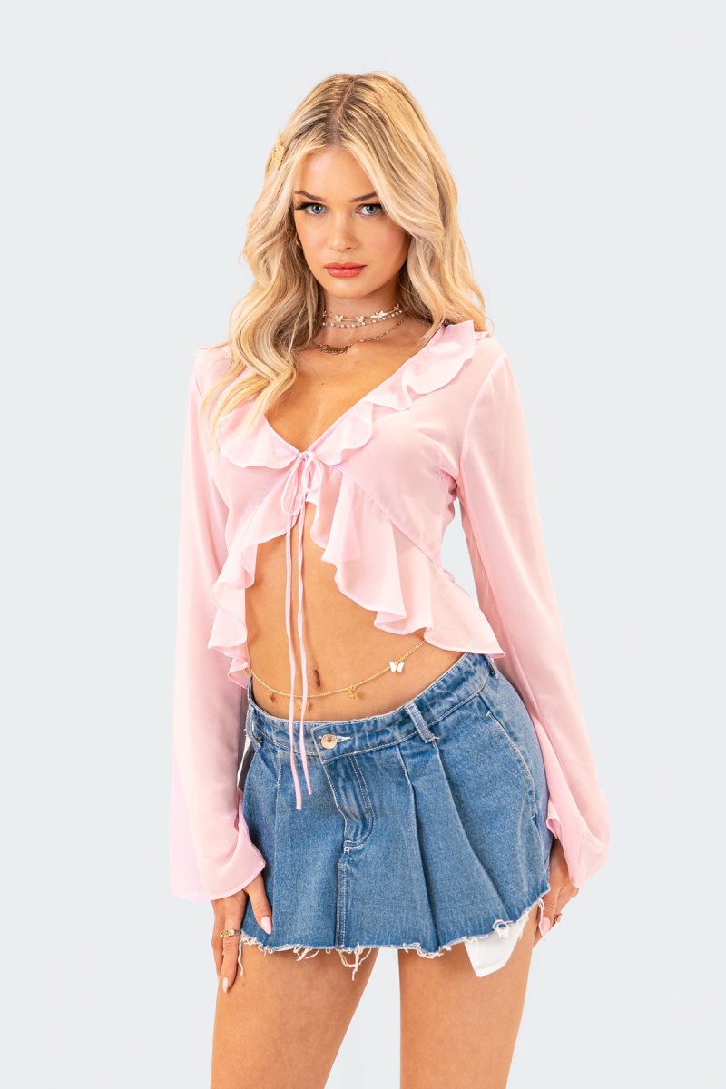 Edikted Reese Chiffon Ruffle Long Sleeve Tops Olive | USA YD374977Y4