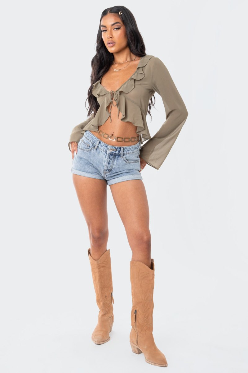 Edikted Reese Chiffon Ruffle Long Sleeve Tops Olive | USA KX050235X5