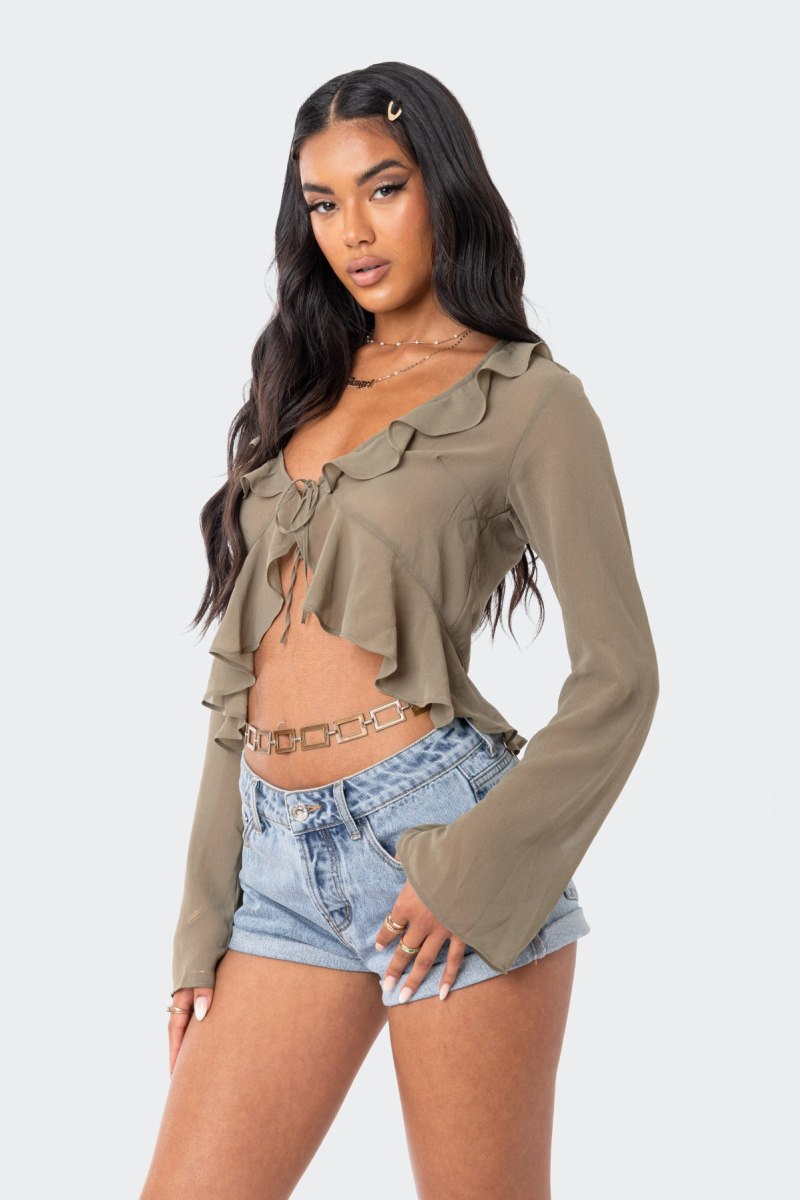Edikted Reese Chiffon Ruffle Long Sleeve Tops Olive | USA KX050235X5