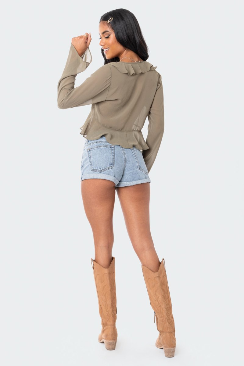 Edikted Reese Chiffon Ruffle Long Sleeve Tops Olive | USA KX050235X5