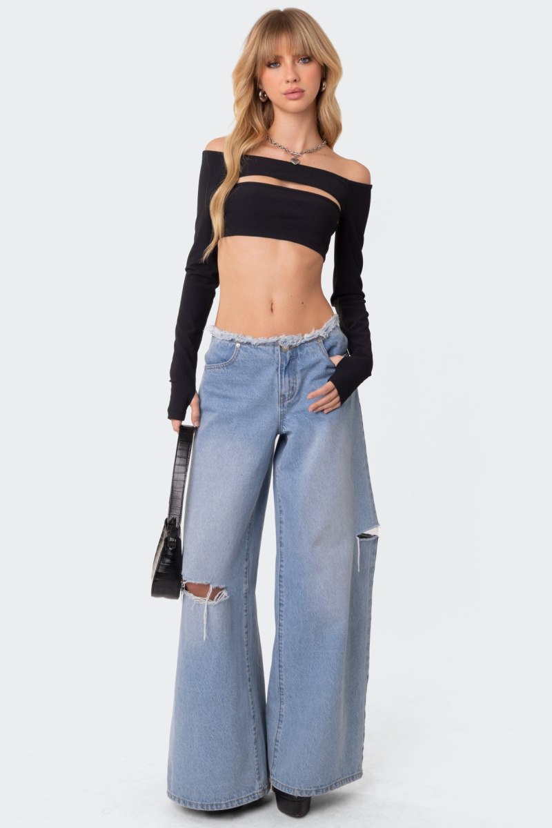 Edikted Reign Two Piece Ribbed Crop Long Sleeve Tops Black | USA NG009740R7
