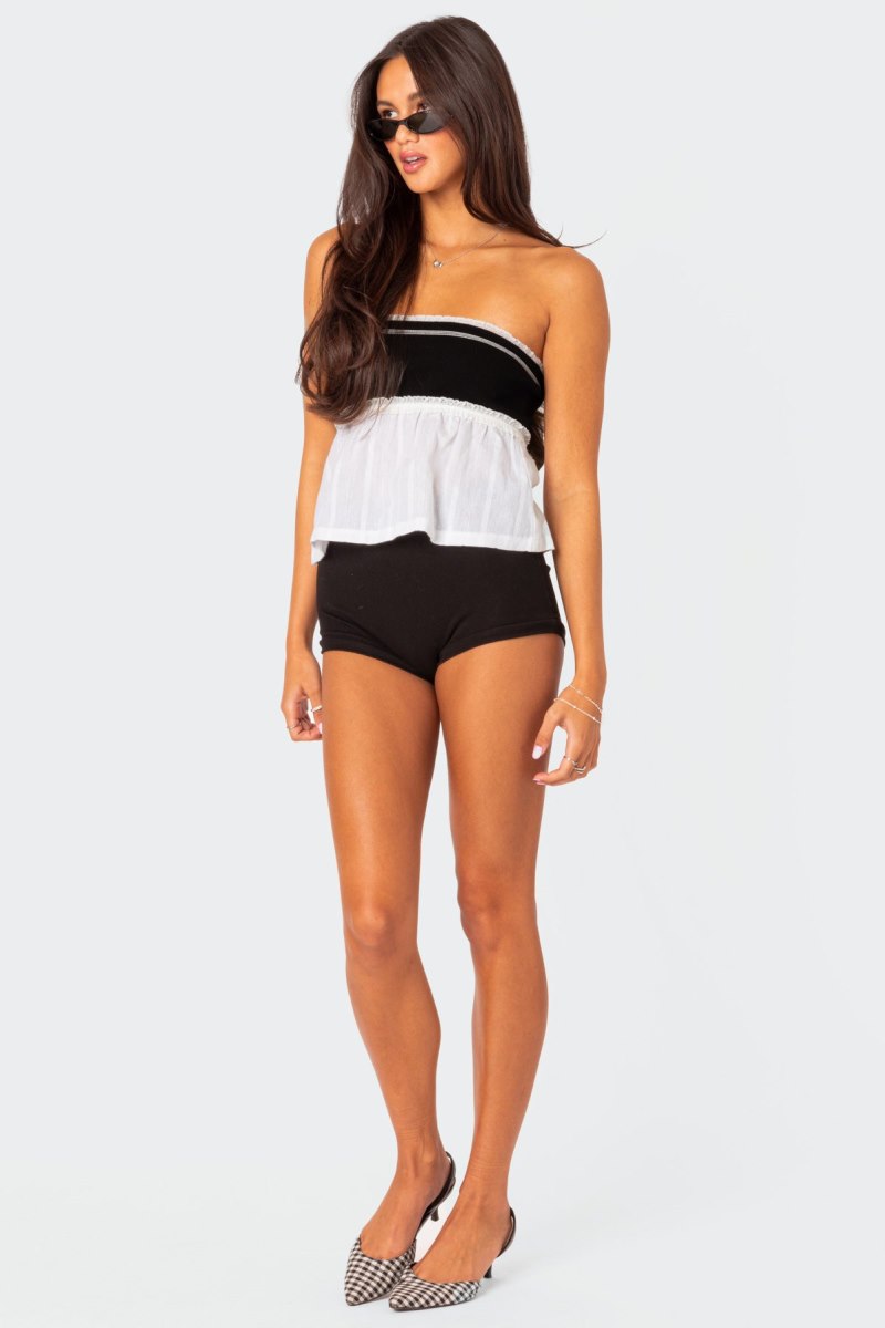 Edikted Rena Ribbed Peplum Tube Strapless Tops Black And White | USA AU936553E3