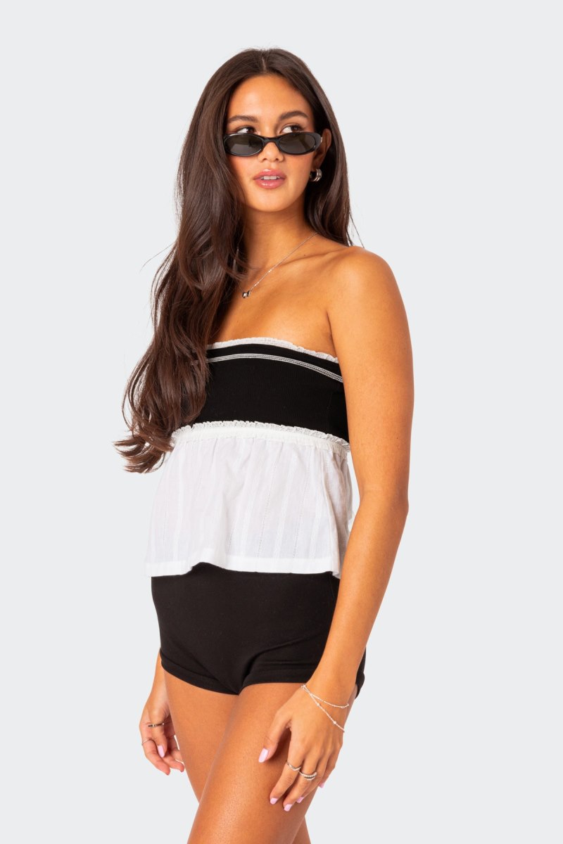 Edikted Rena Ribbed Peplum Tube Strapless Tops Black And White | USA AU936553E3