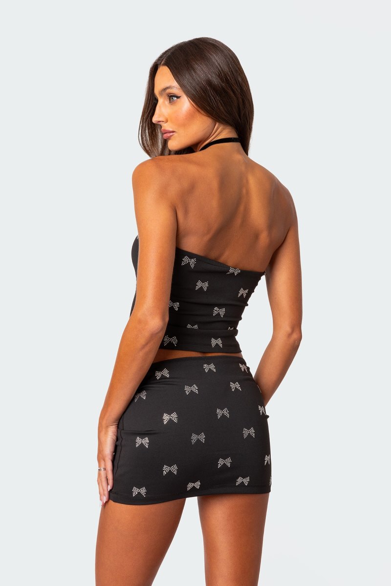 Edikted Rhinestone Bow Tube Graphic Tops Black | USA MX289078C1