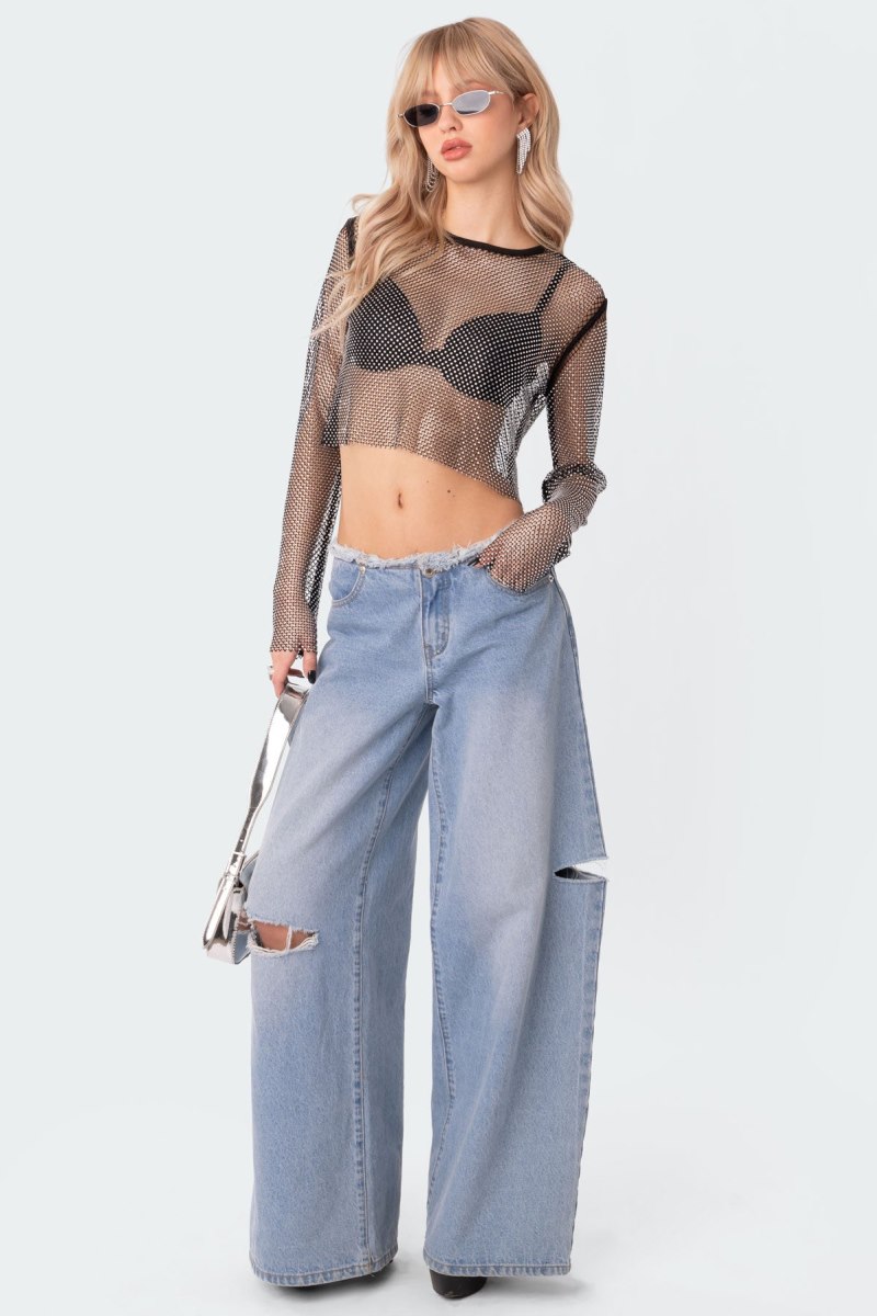 Edikted Rhinestone Fishnet Crop Long Sleeve Tops Silver | USA IB457055Z4