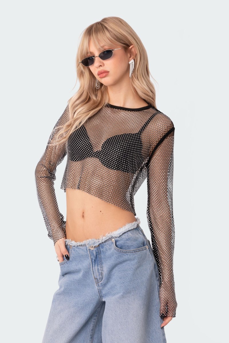Edikted Rhinestone Fishnet Crop Long Sleeve Tops Silver | USA IB457055Z4