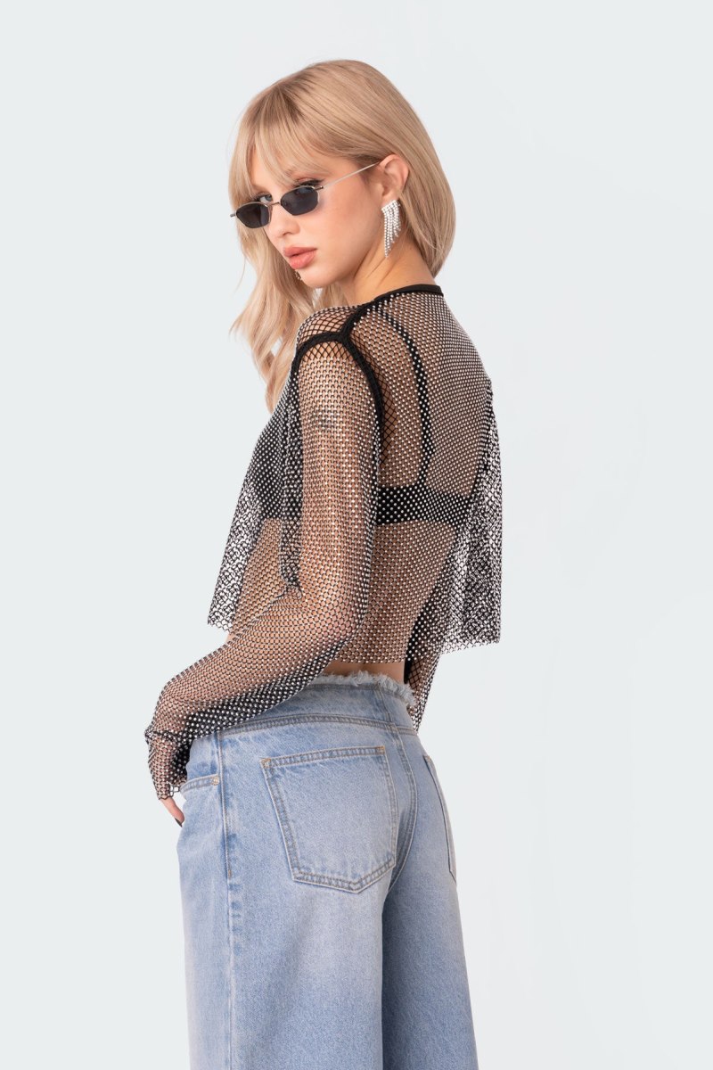 Edikted Rhinestone Fishnet Crop Long Sleeve Tops Silver | USA IB457055Z4