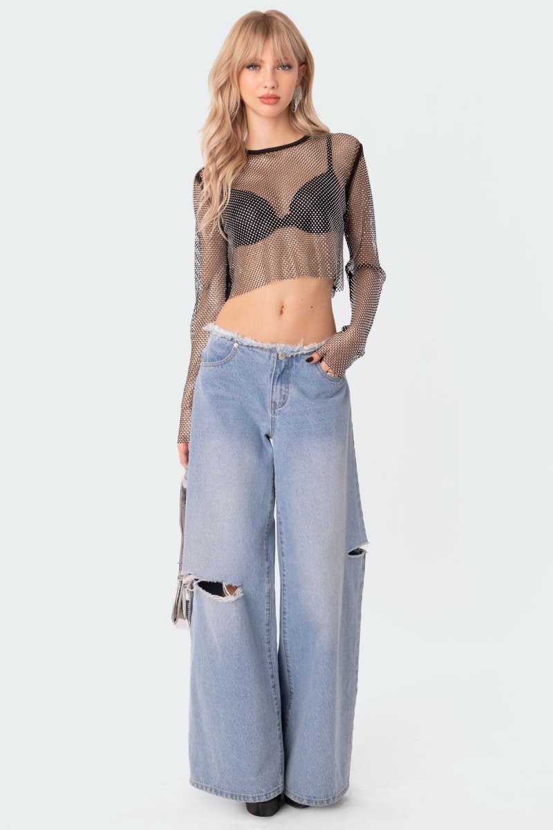 Edikted Rhinestone Fishnet Crop Tops Silver | USA GU596189Q4