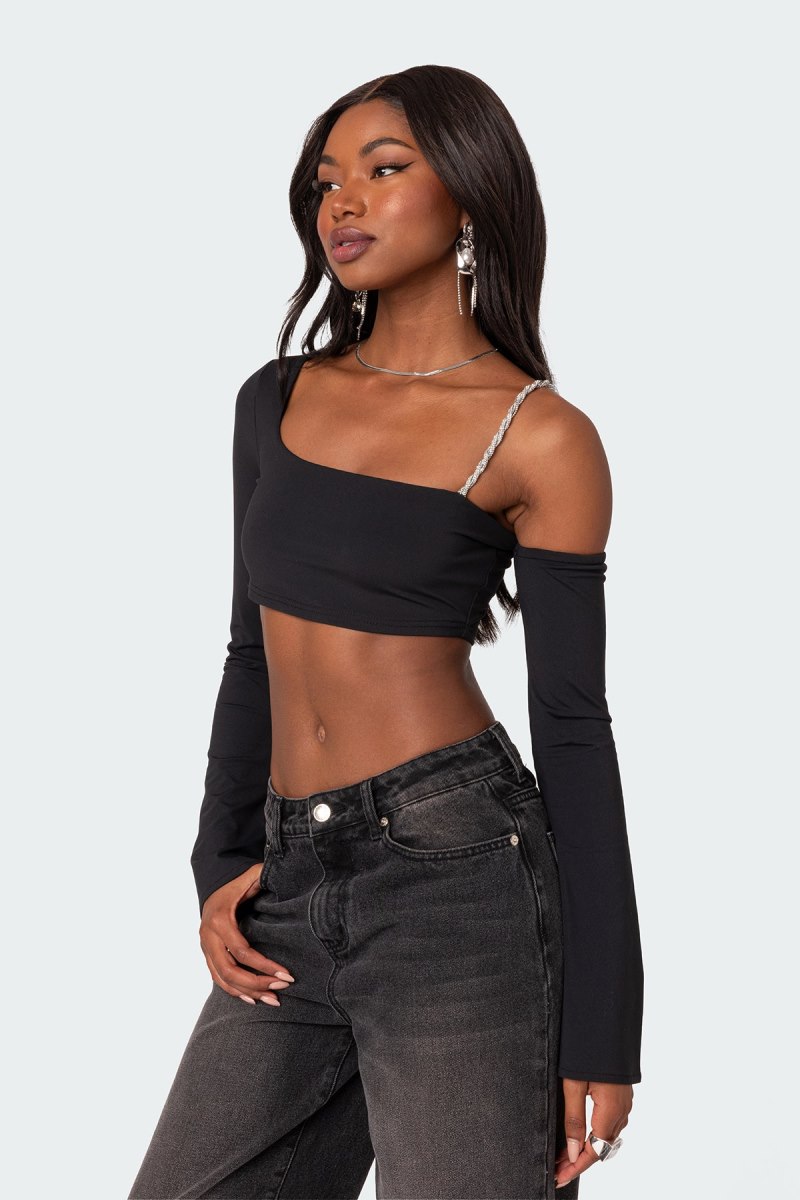 Edikted Rhinestone Strap Asymmetric Crop Tops Black | USA EH622352B5
