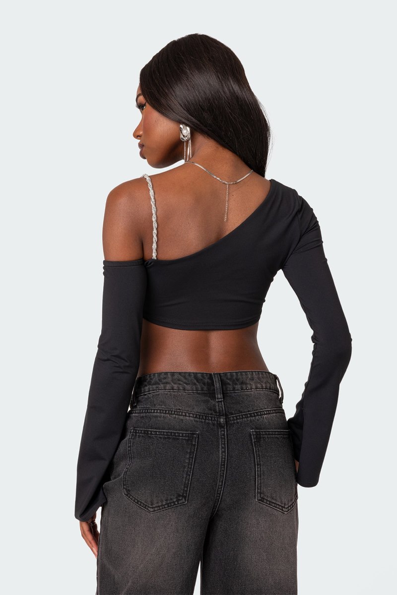 Edikted Rhinestone Strap Asymmetric Crop Tops Black | USA EH622352B5