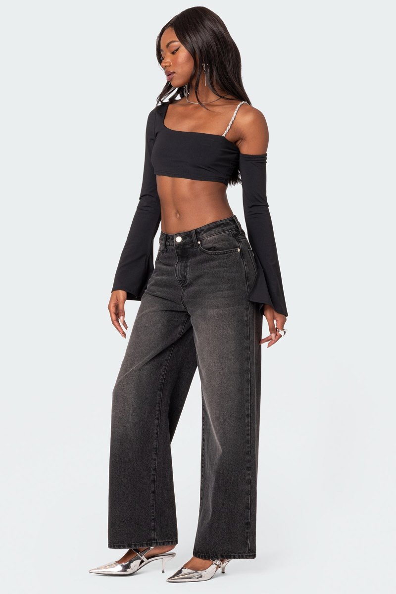 Edikted Rhinestone Strap Asymmetric Crop Tops Black | USA EH622352B5
