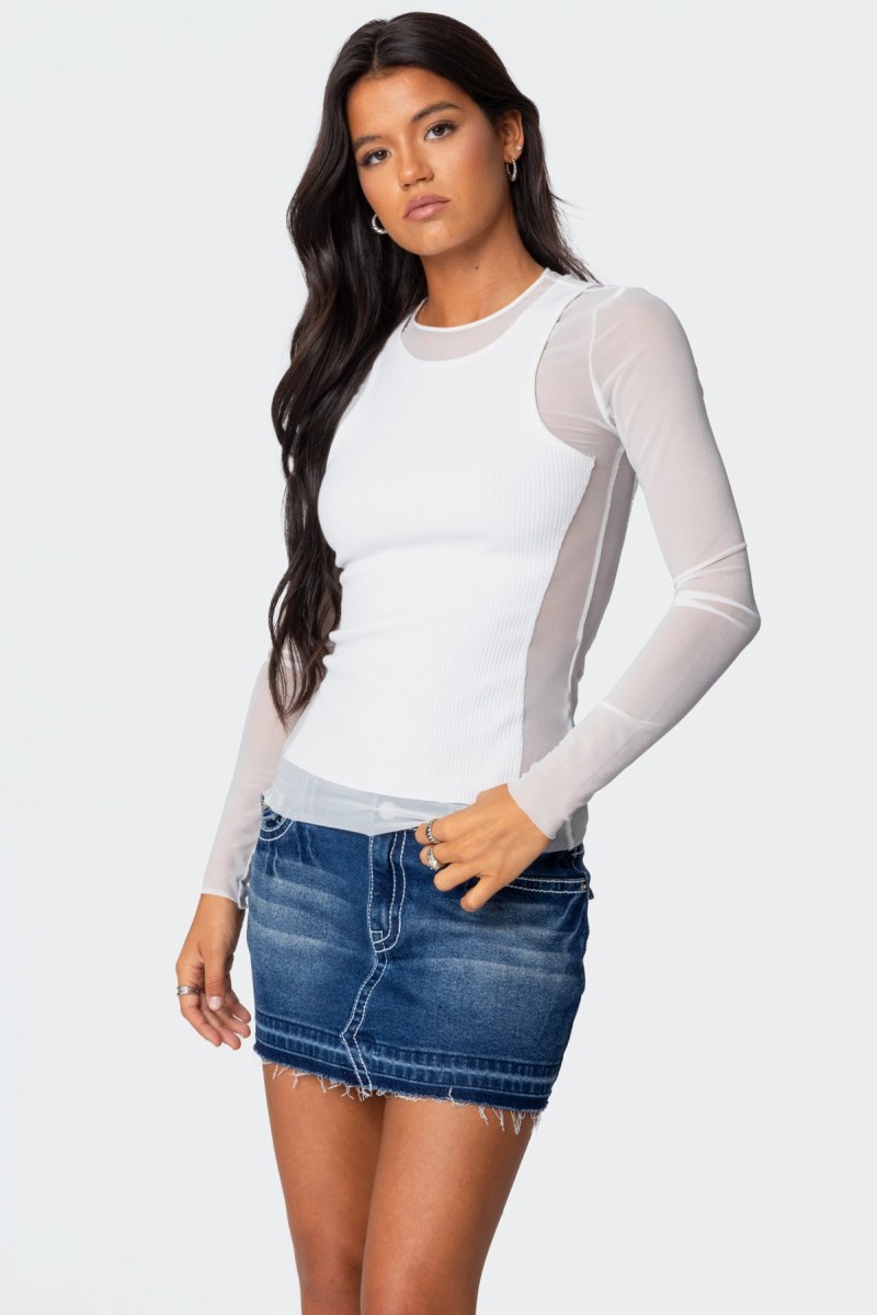 Edikted Rib Tank Layered Mesh Long Sleeve Tops White | USA BU324992S1