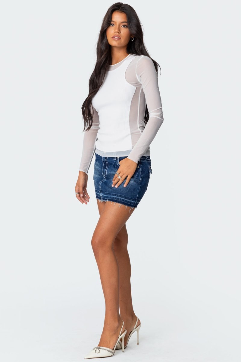Edikted Rib Tank Layered Mesh Long Sleeve Tops White | USA BU324992S1