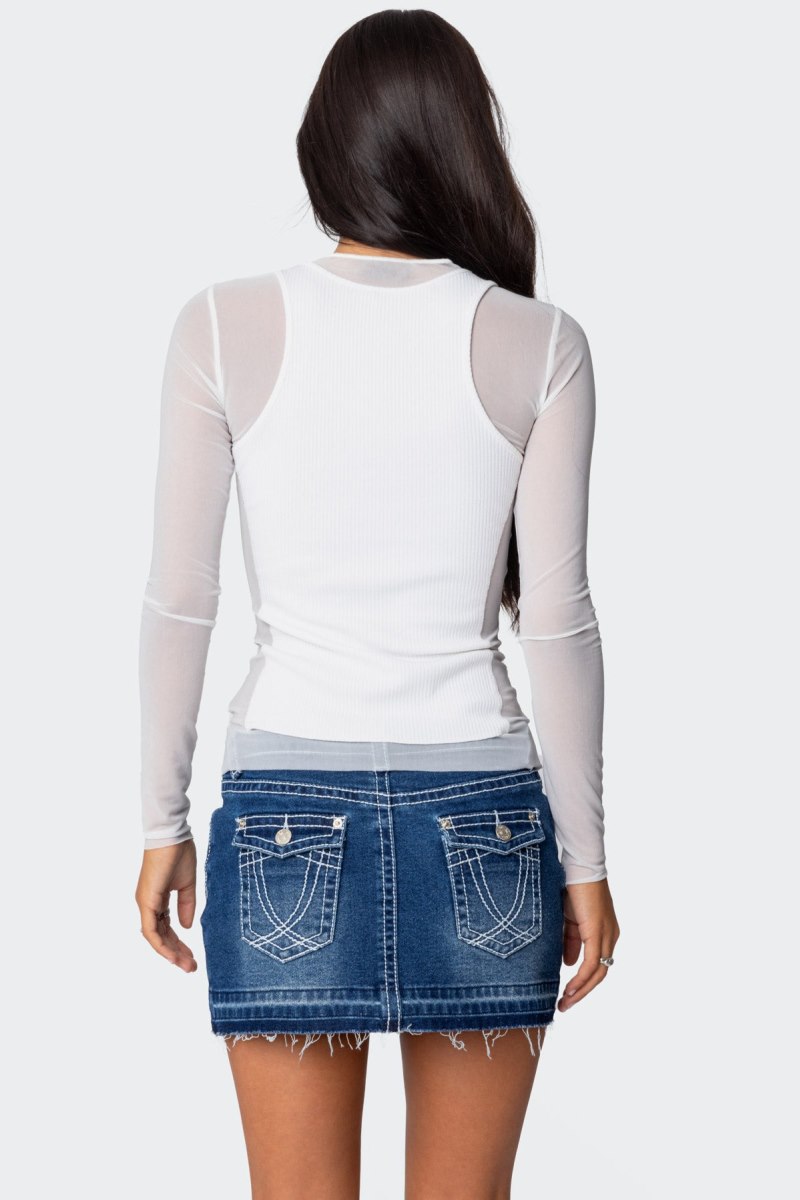 Edikted Rib Tank Layered Mesh Long Sleeve Tops White | USA BU324992S1