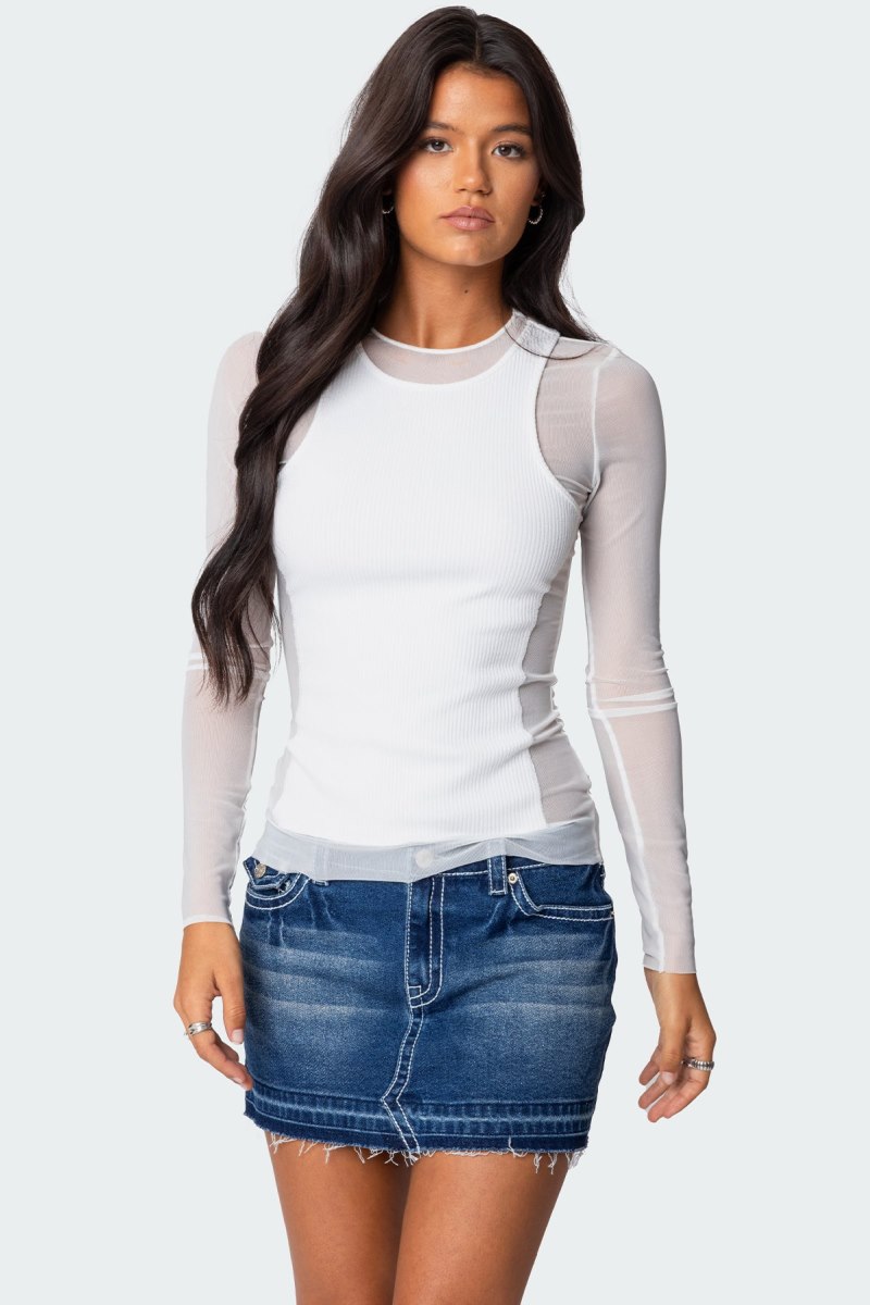 Edikted Rib Tank Layered Mesh Long Sleeve Tops White | USA BU324992S1