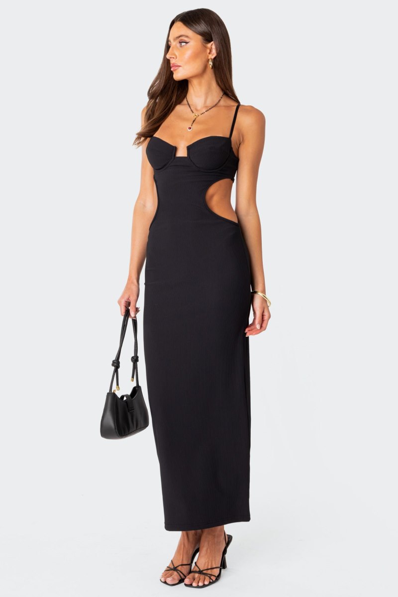 Edikted Ribbed Cut Out Cupped Maxi Dress LBD Black | USA HD501450J8