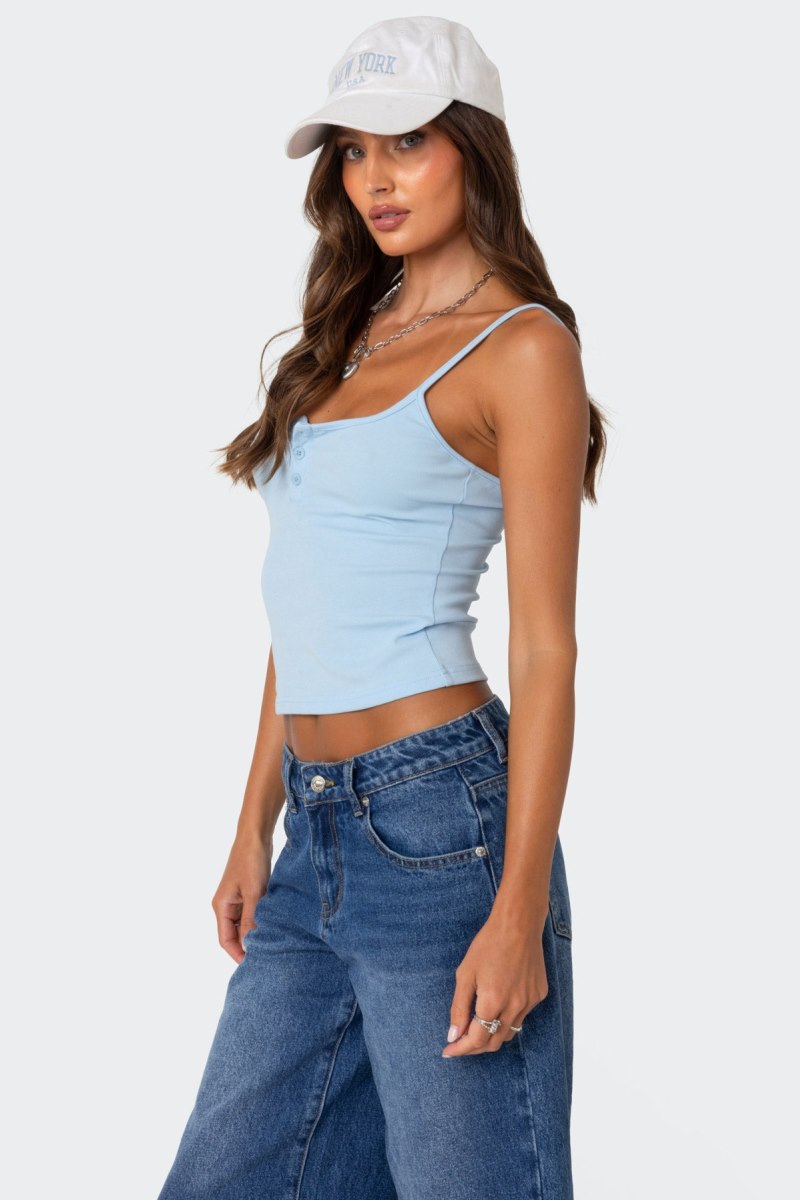 Edikted Ribbed Henley Tank Top Light Blue | USA EA962646J2