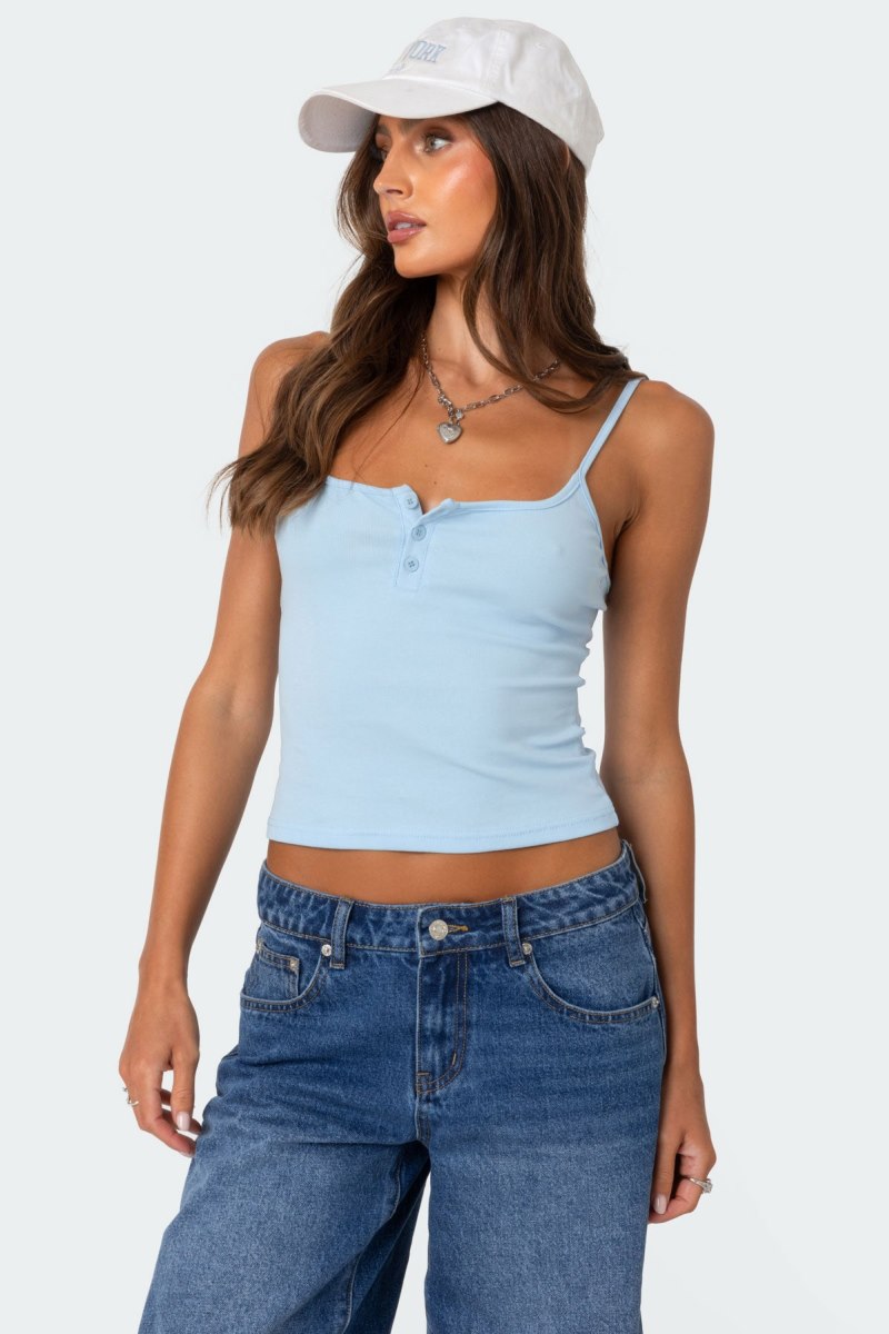 Edikted Ribbed Henley Tank Top Light Blue | USA EA962646J2