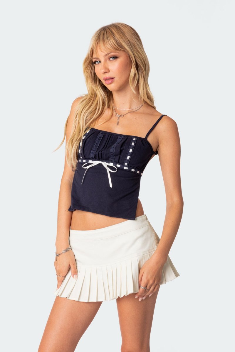 Edikted Ribbon Trim Open Back Crop Tops Navy | USA OC065616H0