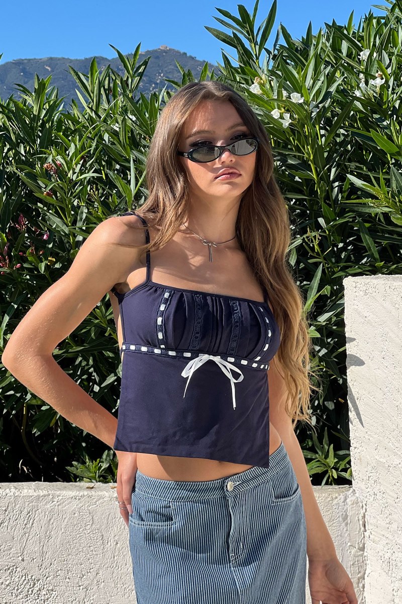 Edikted Ribbon Trim Open Back Crop Tops Navy | USA OC065616H0
