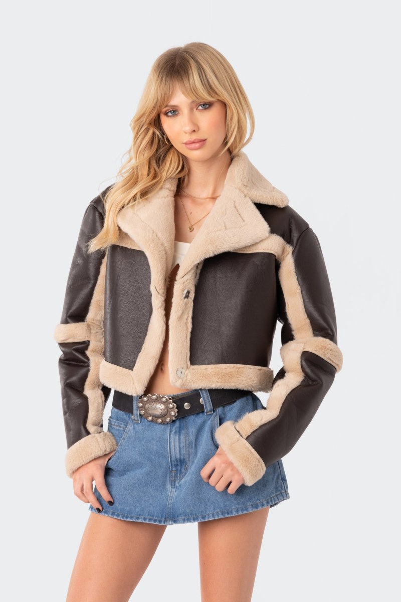 Edikted Ricky Faux Leather Shearling Jackets Brown | USA OL422402R9