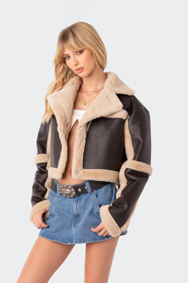 Edikted Ricky Faux Leather Shearling Jackets Brown | USA OL422402R9