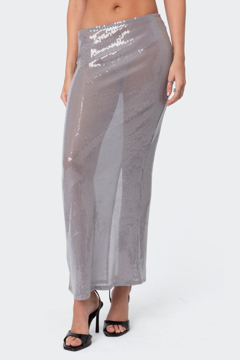Edikted Riki Sheer Sequin Maxi Skirts Gray | USA NK454425G5