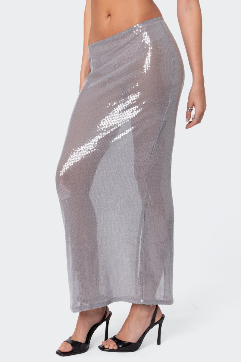Edikted Riki Sheer Sequin Maxi Skirts Gray | USA NK454425G5