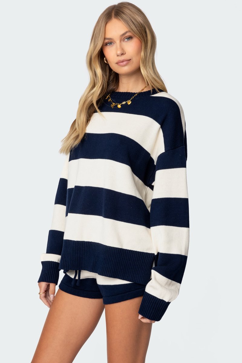 Edikted Riley Oversized Striped Sweater Long Sleeve Tops Burgundy And Cream | USA QV895169Z9