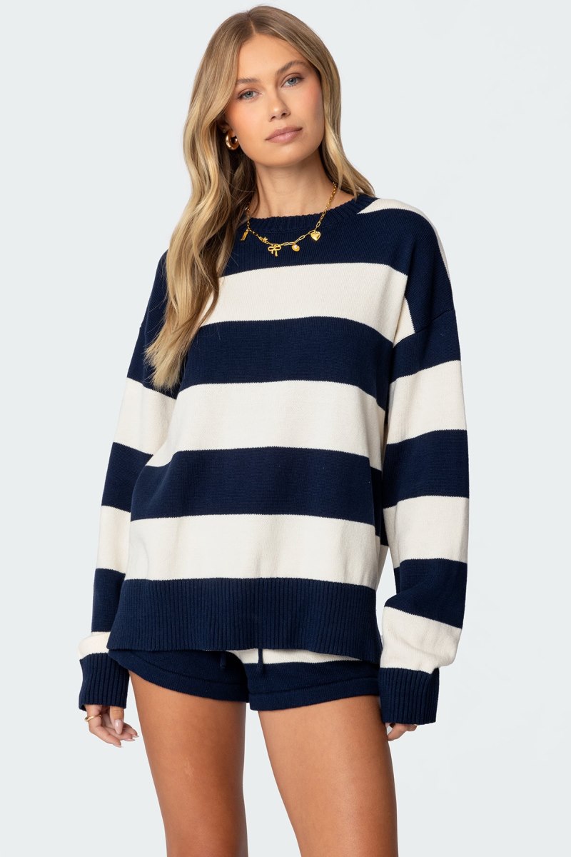 Edikted Riley Oversized Striped Sweater Long Sleeve Tops Burgundy And Cream | USA QV895169Z9