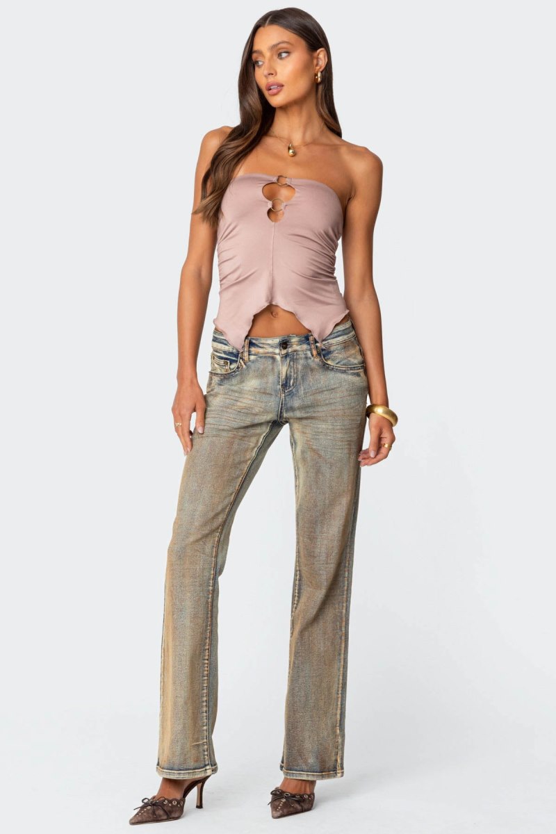Edikted Ring Cut Out Asymmetric Strapless Strapless Tops Mocha | USA BK663976Z1