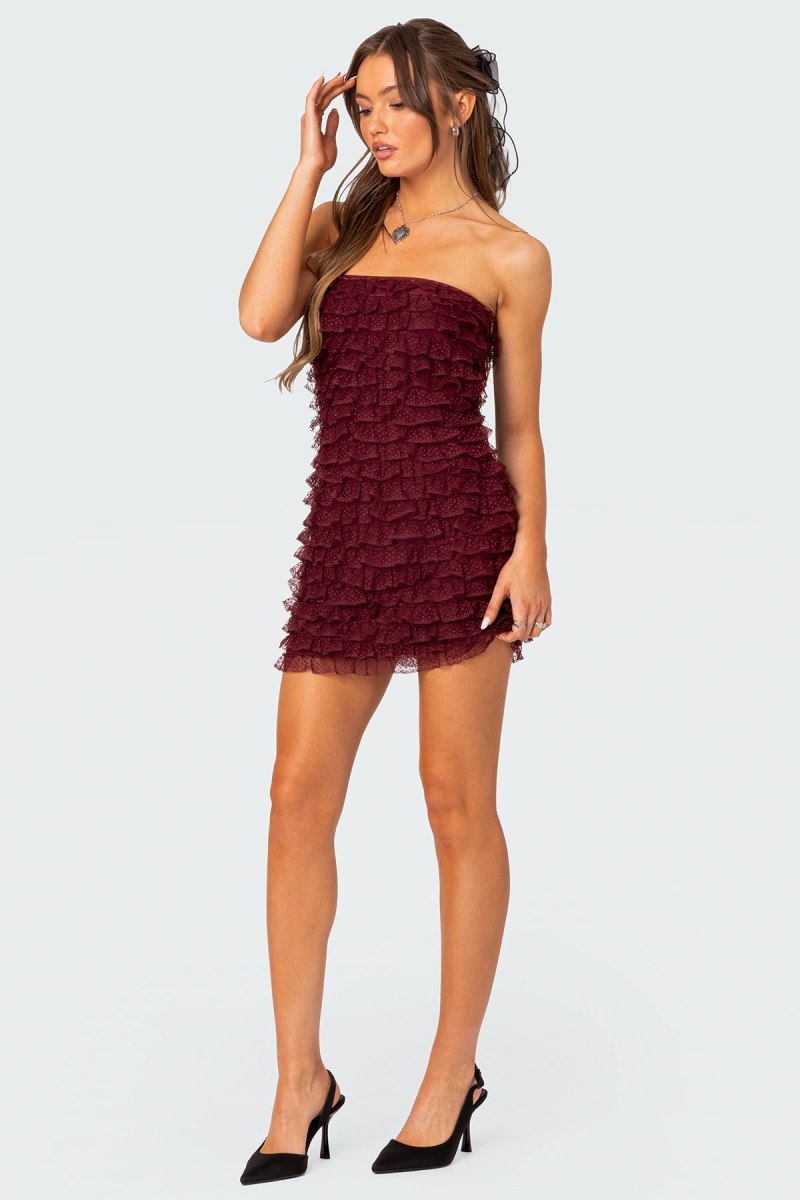 Edikted Rinna Ruffle Mini Dress Burgundy | USA DY195309Y8