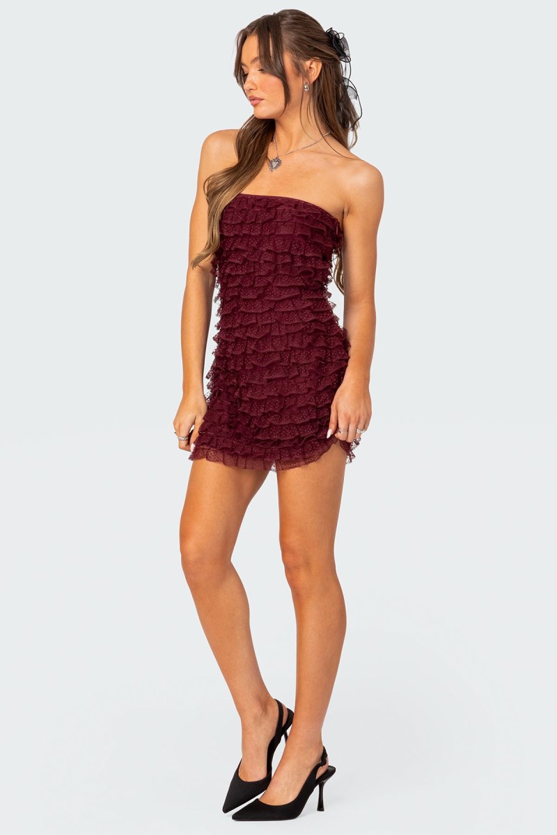 Edikted Rinna Ruffle Mini Dress Burgundy | USA DY195309Y8