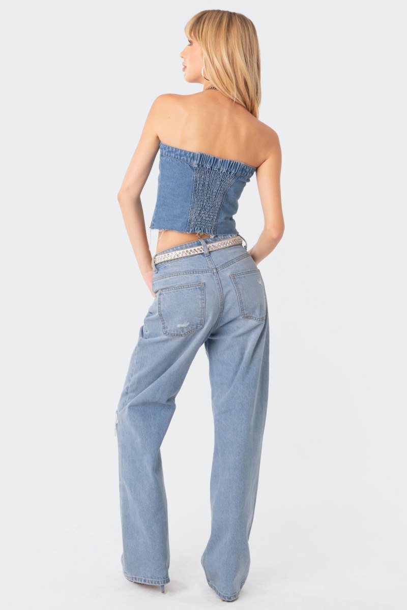 Edikted River Denim Strapless Strapless Tops Blue | USA SG781608Z0