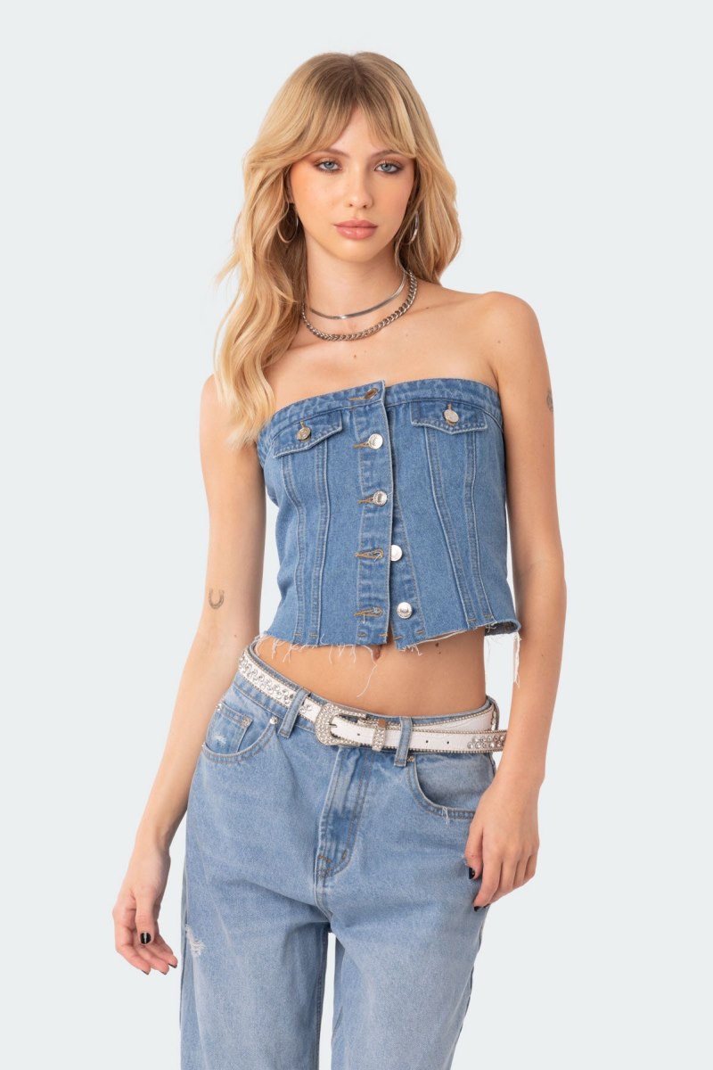 Edikted River Strapless Denim Tops Blue | USA LM043454F5