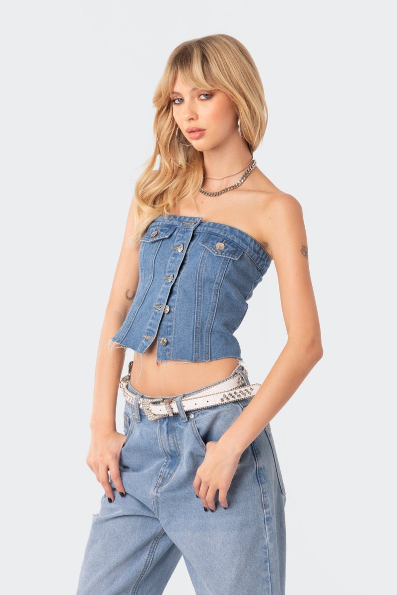 Edikted River Strapless Denim Tops Blue | USA LM043454F5