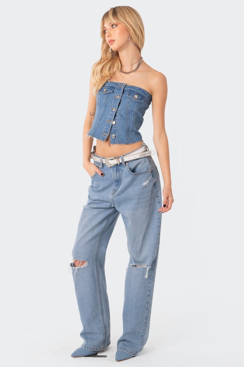 Edikted River Strapless Denim Tops Blue | USA LM043454F5