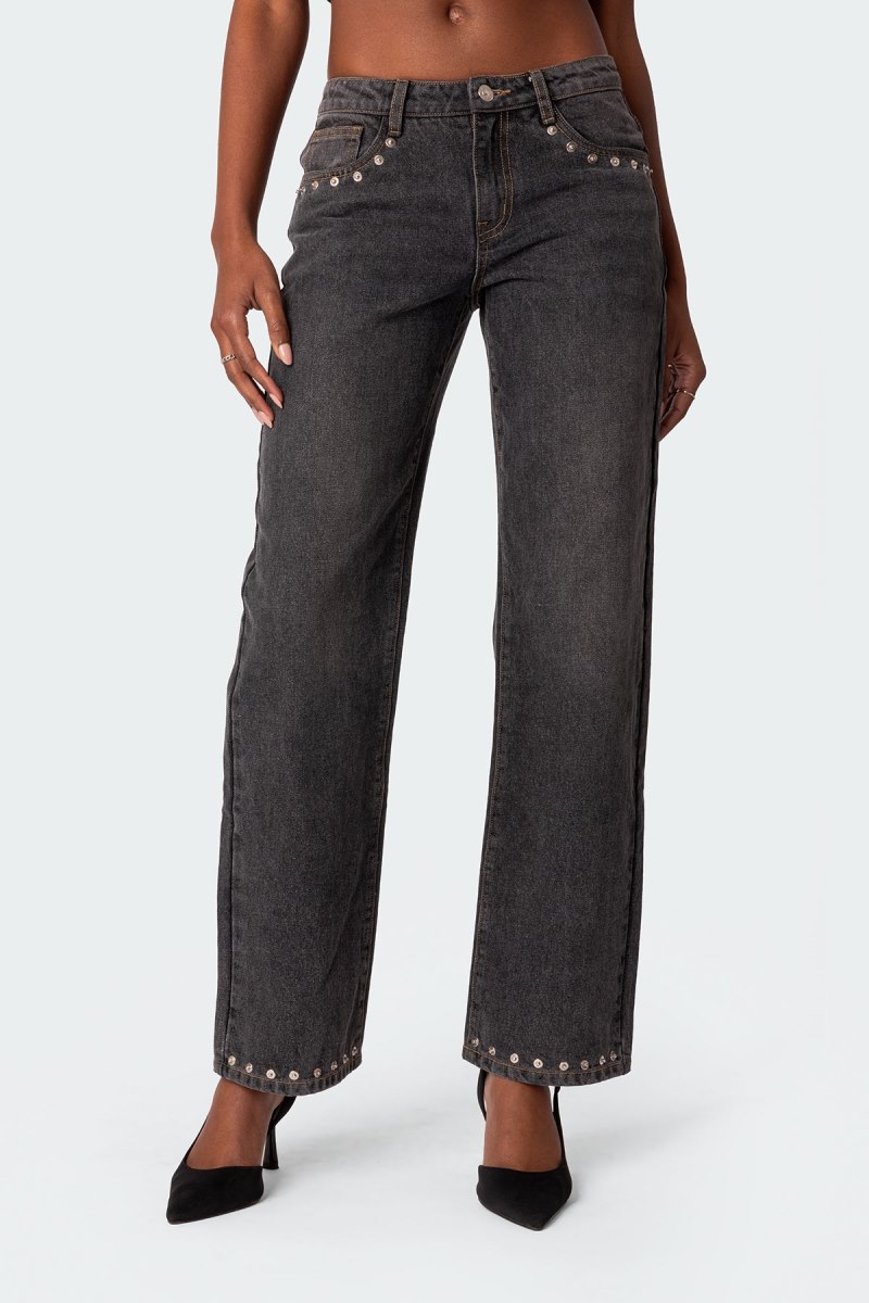 Edikted Rivet Trim Straight Leg Jeans Black Washed | USA ZE016841C7
