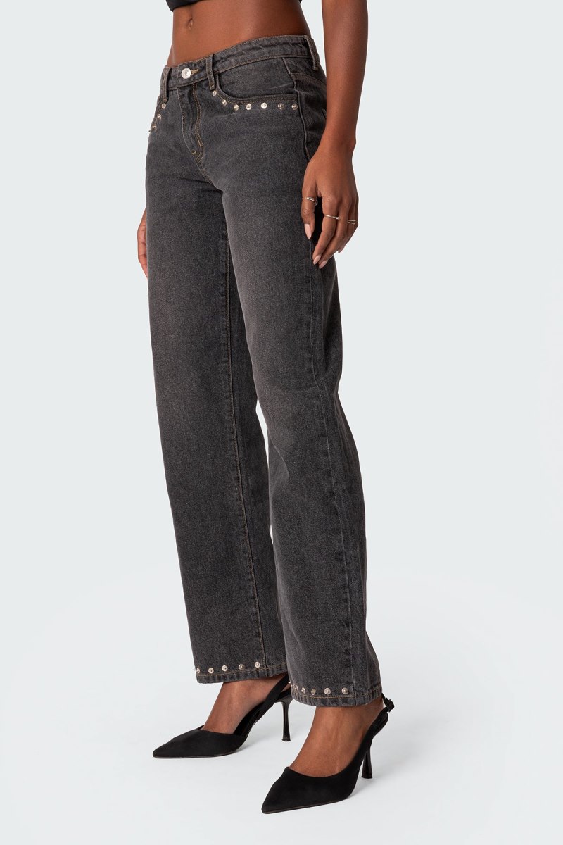Edikted Rivet Trim Straight Leg Jeans Black Washed | USA ZE016841C7